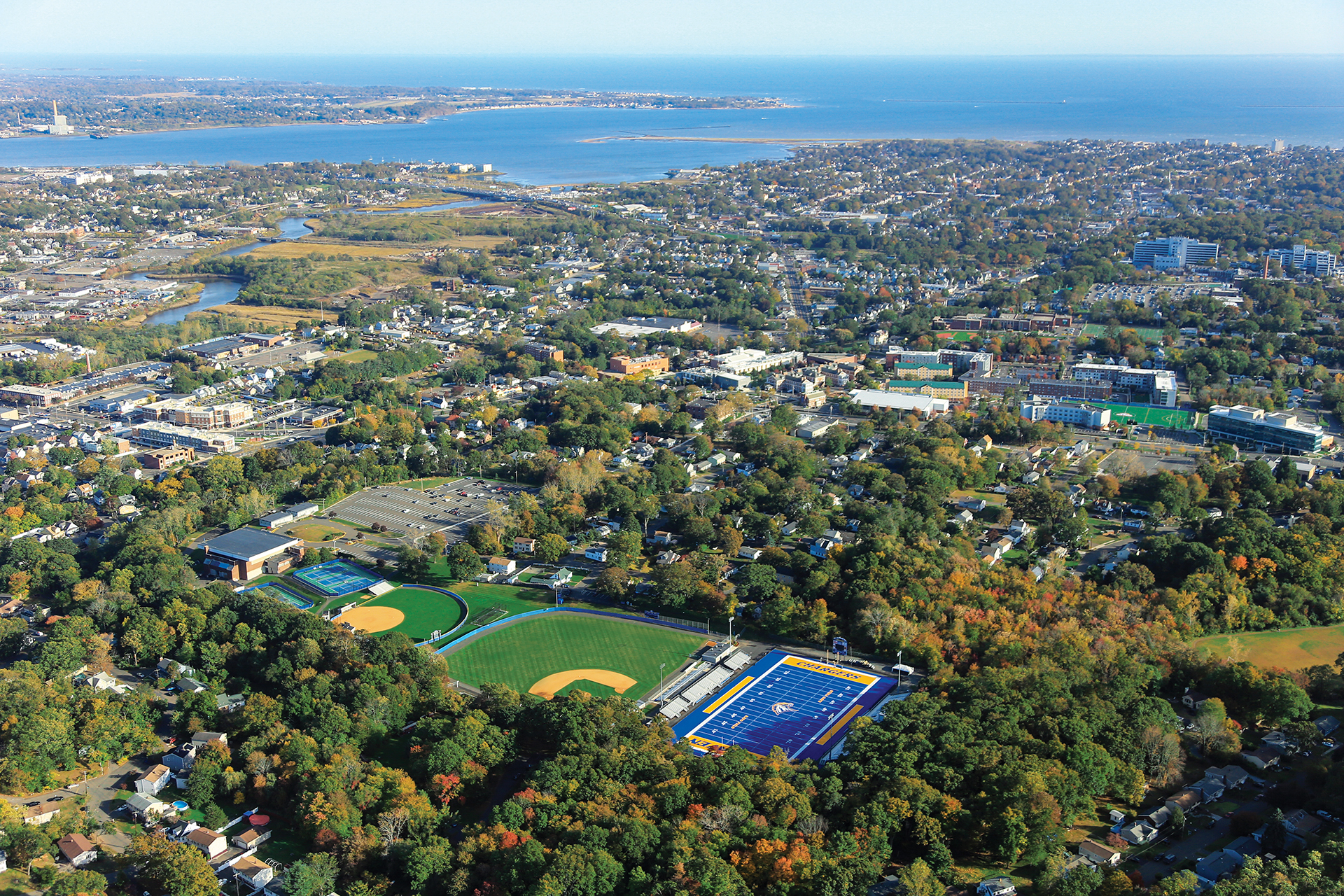 Aerial photo of campus and West Haven, looking toward the shoreline.