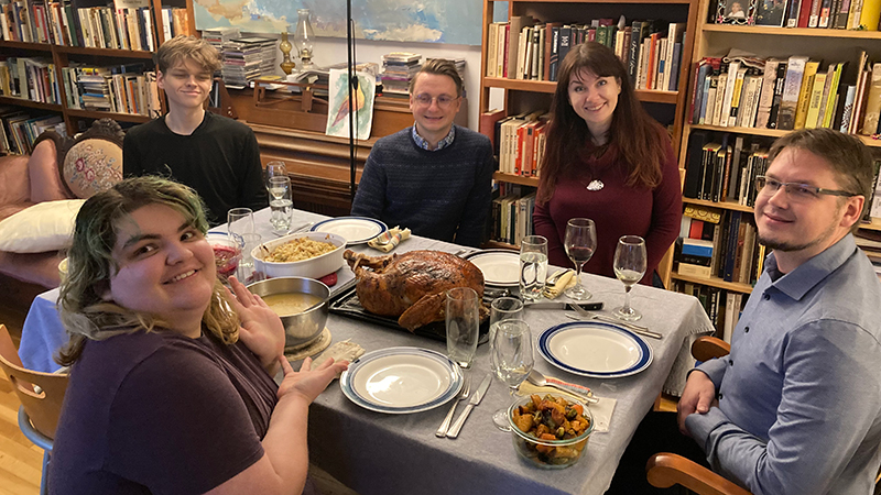 Visiting scholar Kateryna Lokes, Ph.D. (top right) celebrating Thanksgiving
